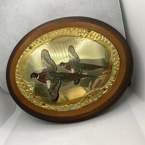 VTG Pheasant Plaque Wall Hanging Brass Colored Tin Wood Home Decor Camp Man Cave